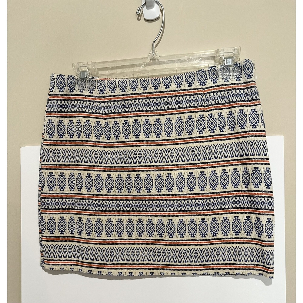 Miami | Mini Skirt Woven Cotton Aztec Print Cream Blue Orange, Lined, Size Small